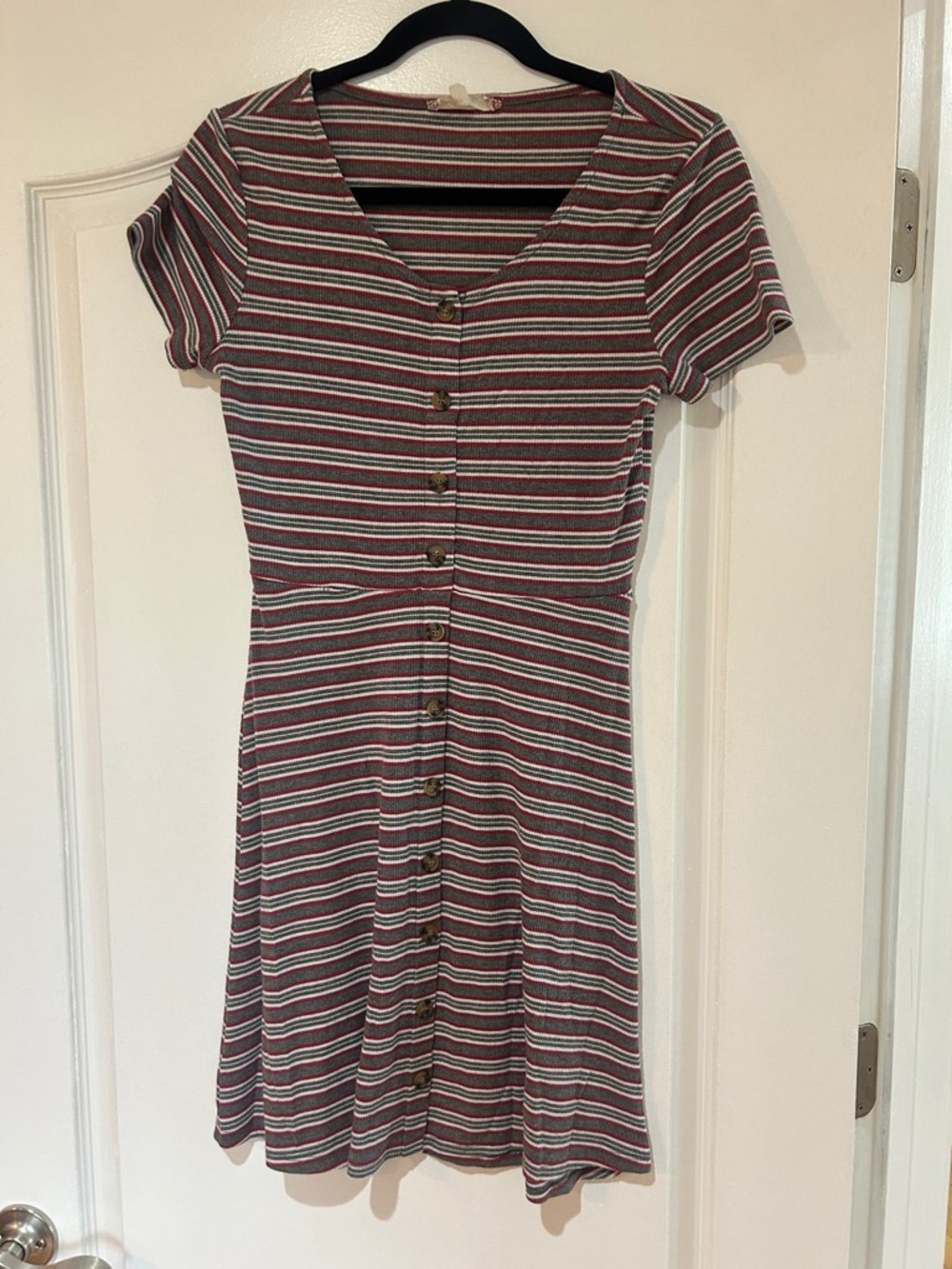 Pink Rose Striped Button-Front Mini Dress in Burgundy, Gray & White